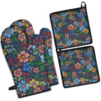 Pioneer Flower Kitchen Oven Mitt and Pot Holder Sets 4 Pcs for Baking, Cooking and Grilling, Heat Resistant Up To 392 °F