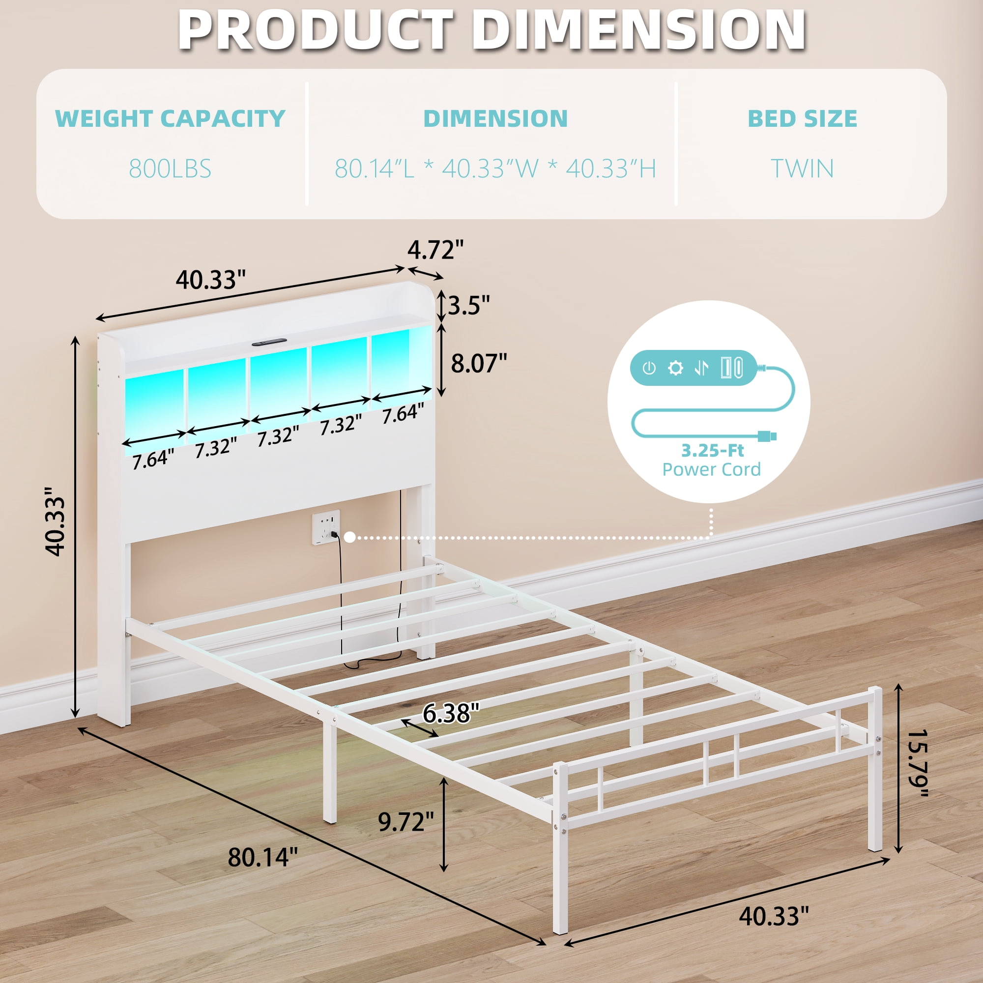 Yoneston Twin Platform Bed Frame with LED Storage Headboard & Charging Station, 2 -Tier Shelves and Under Bed Storage for Kids Teens, White