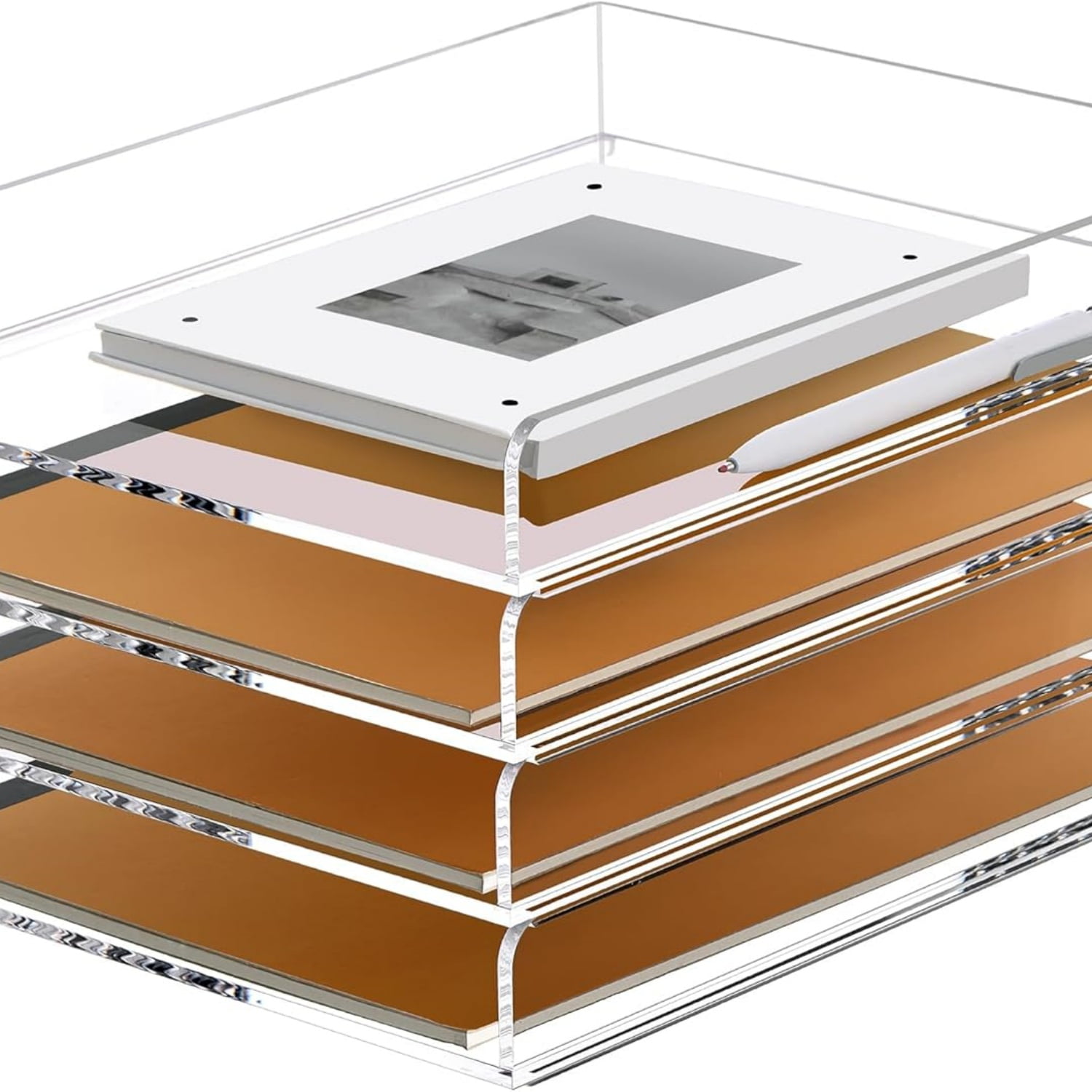 4 Tier Stackable Paper Letter Tray, Acrylic Vertical File Tray A4 Desk Organizer and Accessories Sorter Trays, Clear Workspace Office Supplies Organizers,12inx9.25inx6.6in