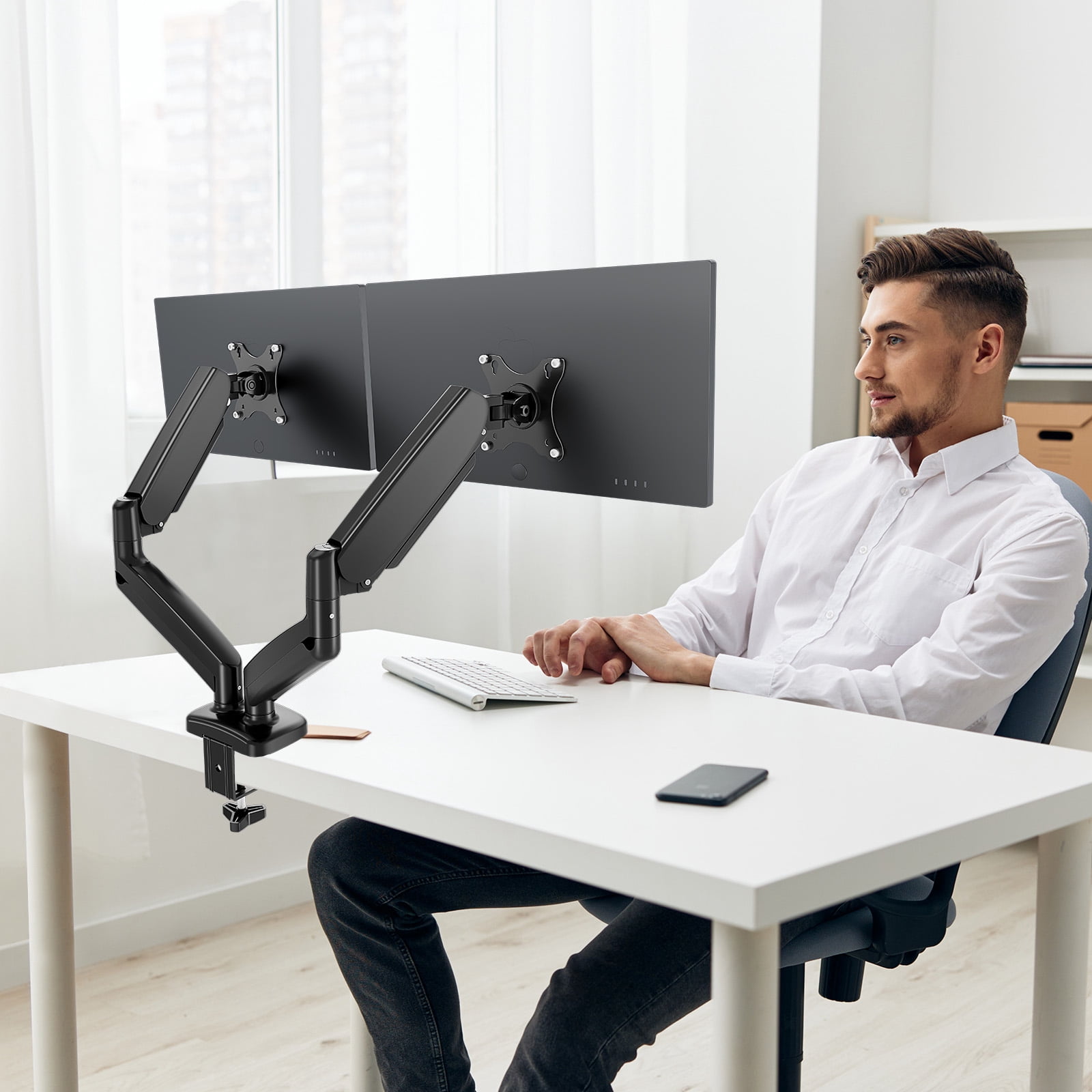 CONCETTA Dual Monitor Arm, Spring-Adjustable Desk Mount for 13-32" Screens, Supports up to 17.6lbs