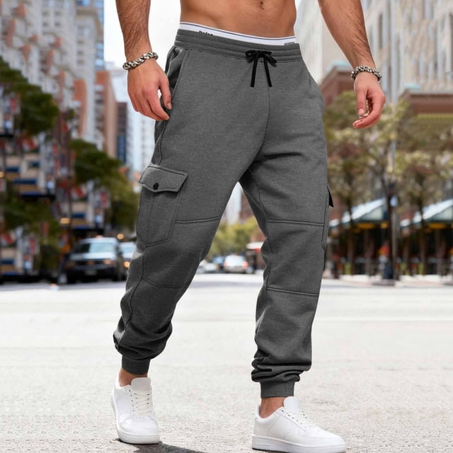 Ceisia Men Solid Color Fleece Multi Pocket Work Pants Loose Drawstring Gift Elastic Cuff Trousers