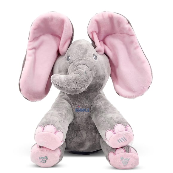 Elefante de peluche con hoyuelos y orejas en movimiento