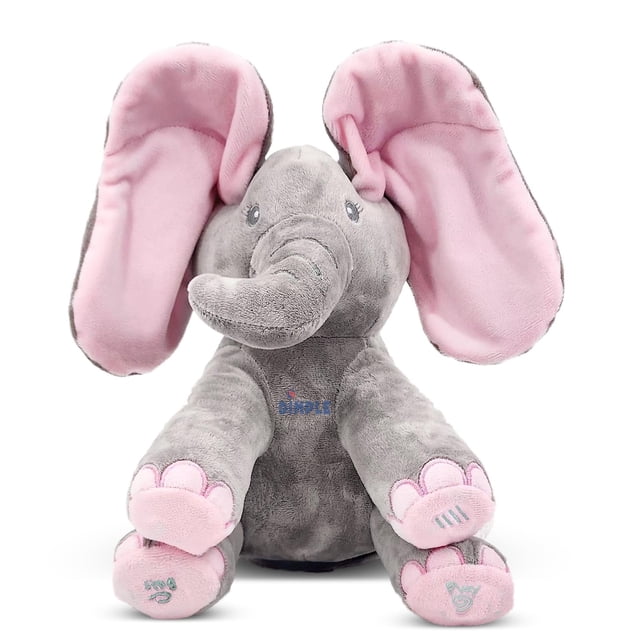 Elefante de peluche con hoyuelos y orejas en movimiento