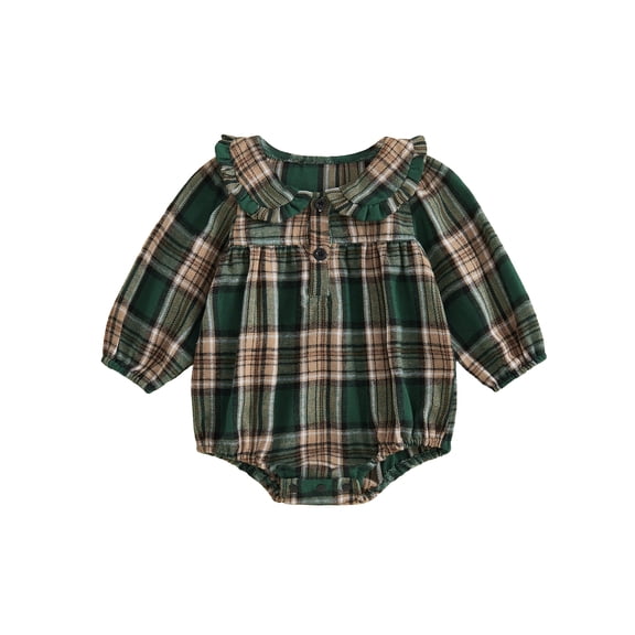 RUINIXCW Newborn Baby Girl Spring Fall Clothes Gingham Plaid Bubble Romper One Piece Outfit 0 3 6 9 12 18 Months Sweet Long Sleeve Button Front Doll Collar Jumpsuit Playsuit