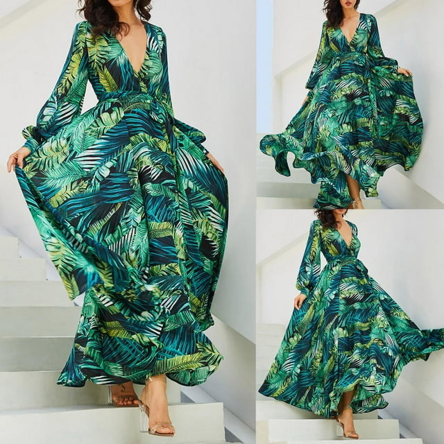 Pisexur Robe Maxi de Plage Fluide à Manches Longues et Col en V Imprimé Floral Bohème pour Femmes