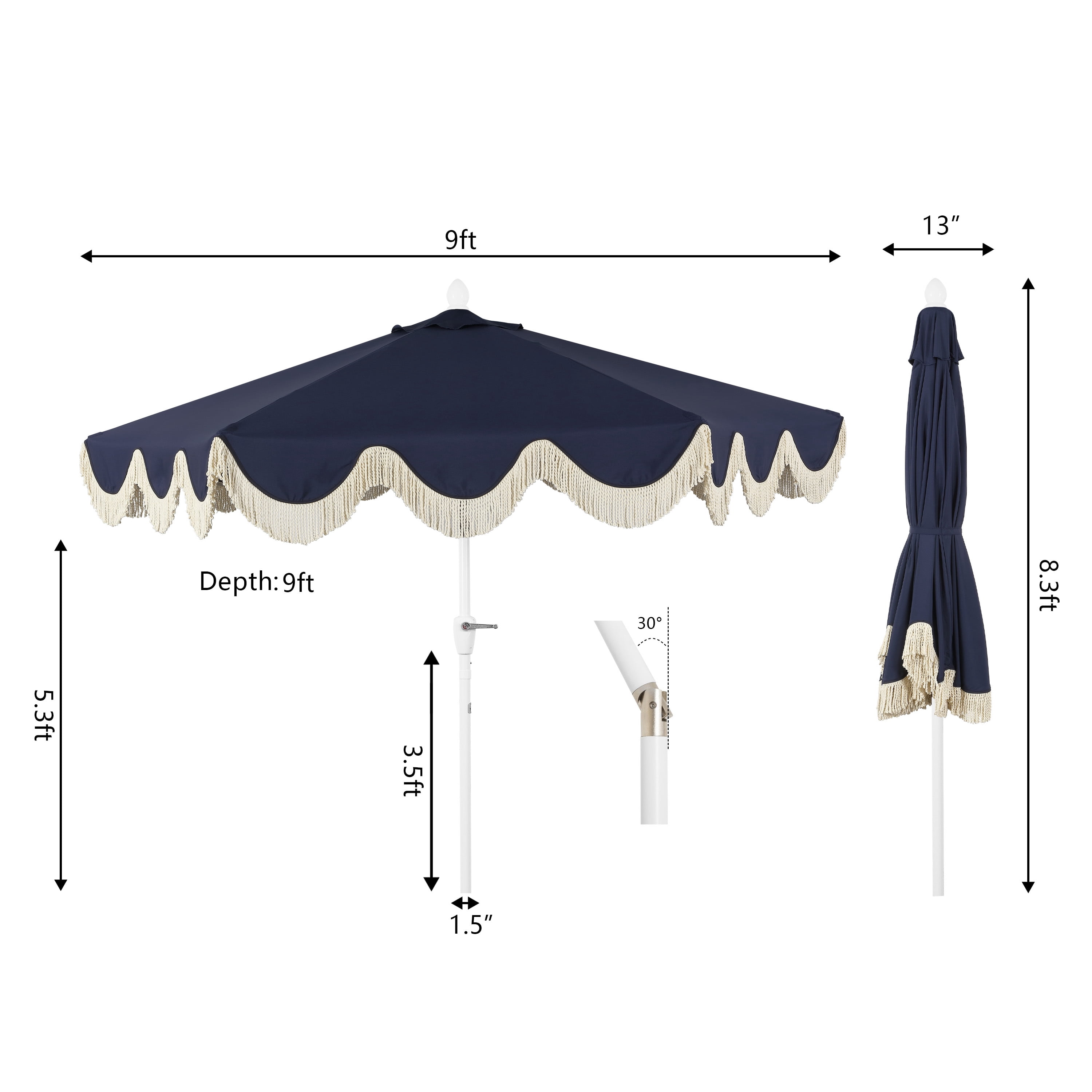 JONATHAN Y Collins 9 ft. Market Patio Umbrella, Classic Cottage Fringe Tassel, with Auto-Tilt Crank, Wind Vent and UV Protection, Navy/Cream, White Pole