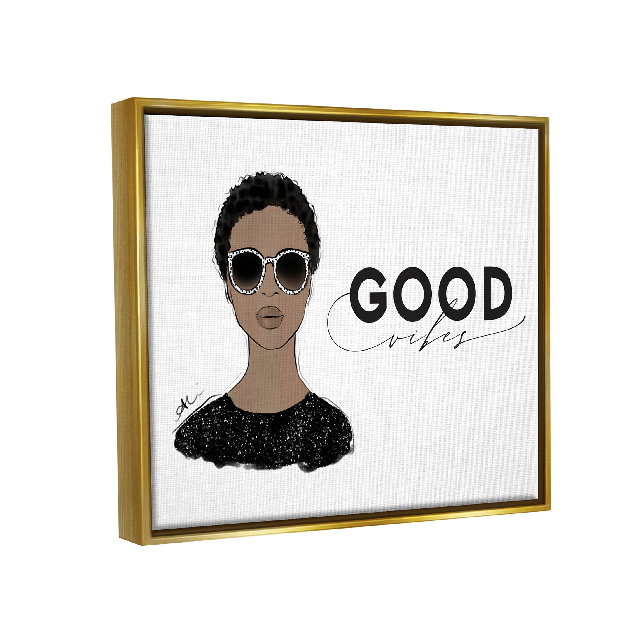 Stupell Industries Good Vibes Glam Portrait Graphic Art Metallic Gold Floating Framed Canvas Print Wall Art, Design by Alison Petrie