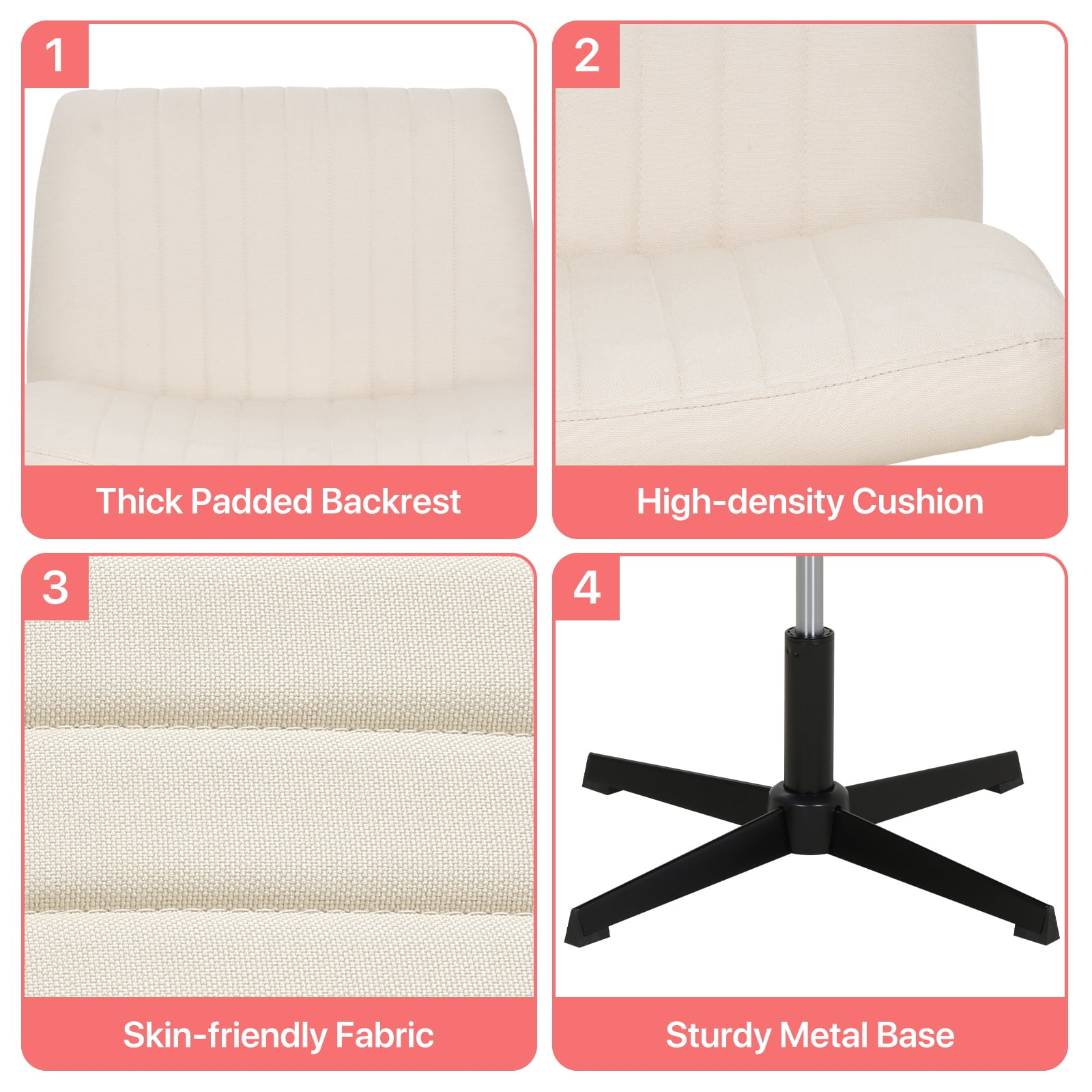 Criss Cross Chair, Armless Vanity Chair Cross Legged Office Chair, Adjustable Wide Swivel Desk Chair for Home Office No Wheels, Beige