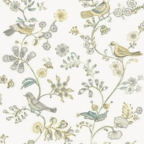 3122-10800 Jinjur Bird Trail Wallpaper with Twining Floral Vines in Light Yellow Gray White Colors Farmhouse Style Prepasted Acrylic Coated Paper