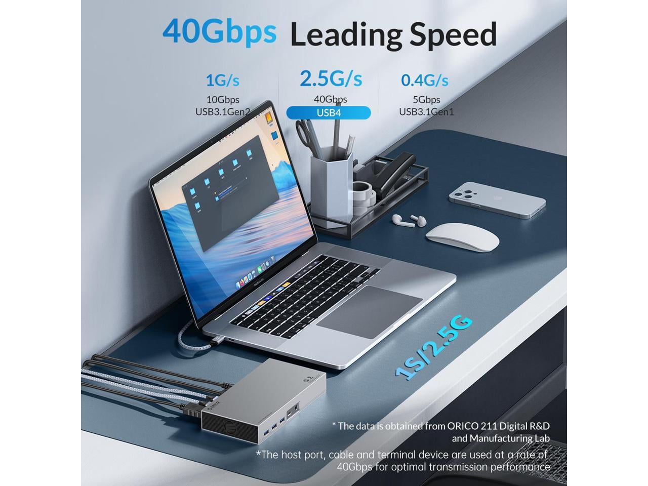 ORICO Laptop Dock Station with Dual Bay M.2 NVMe NGFF Enclosure 40Gbps USB C Docking Station Dual Monitor USB C HUB with 60W Power Delivery, Display 8K@60Hz, Dual 4K, Gigabit Ethernet