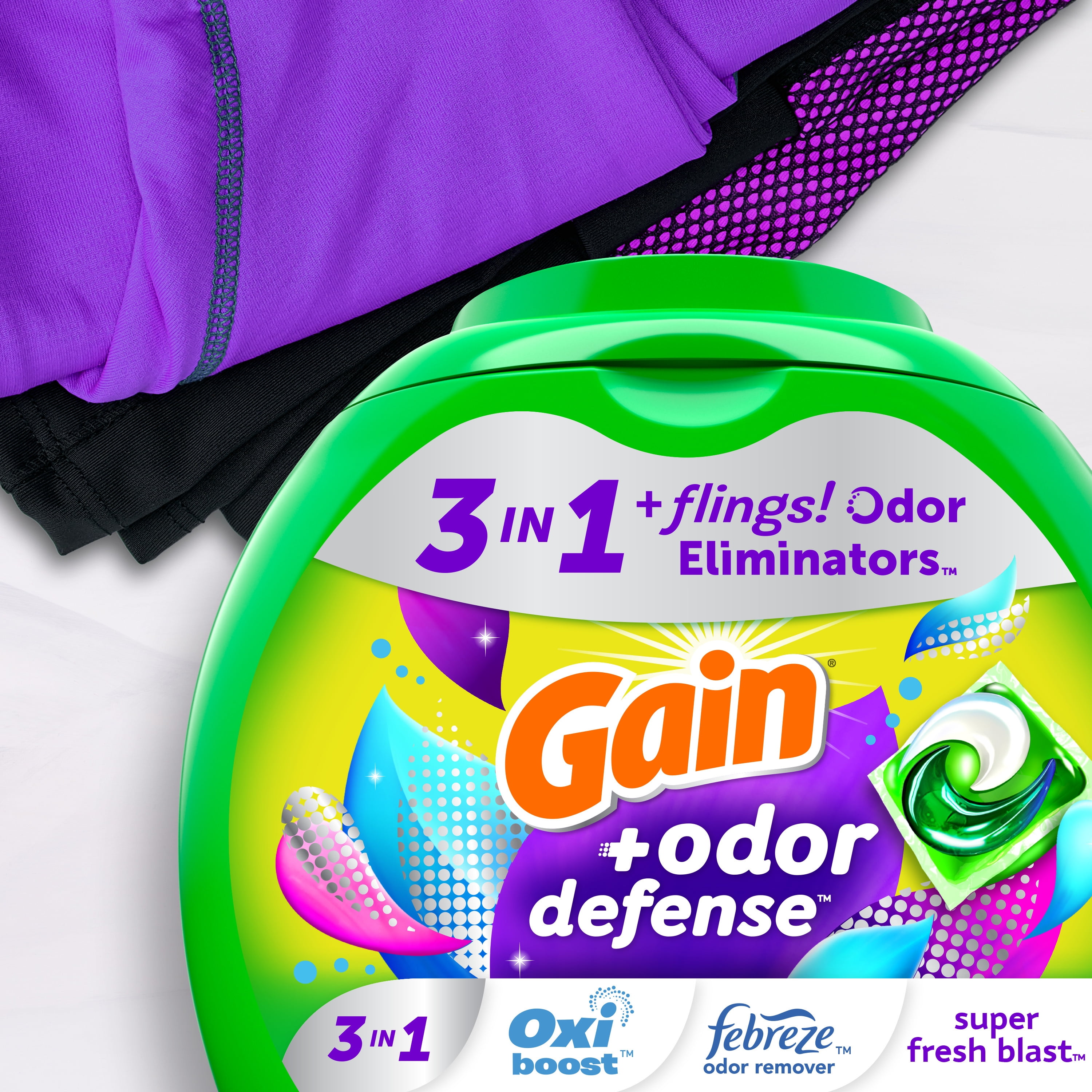 Gain Flings Laundry Detergent Pacs with Odor Defense, Super Fresh Blast Scent, 31 Count