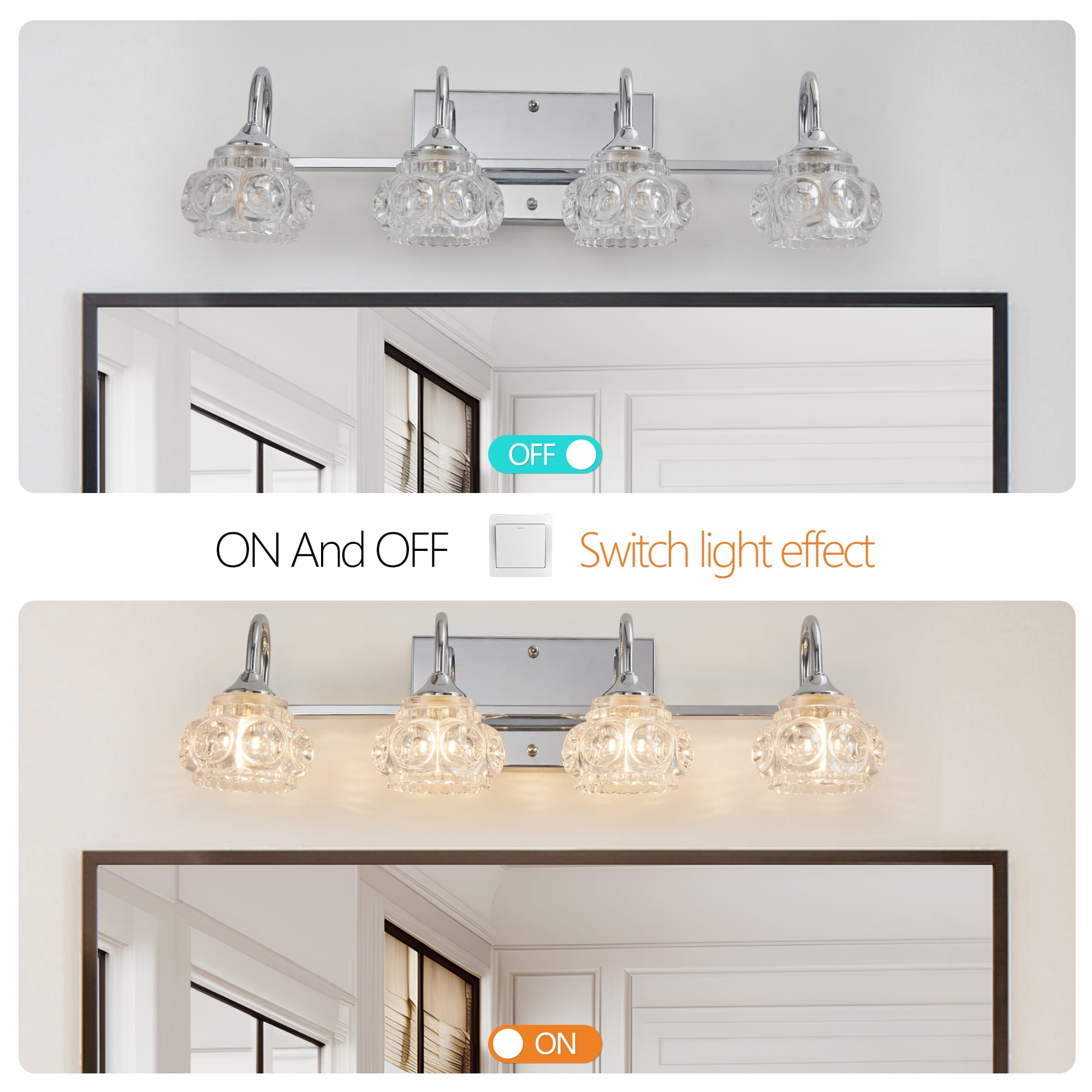 Miniyam Hard-Wired Vanity Light, 4-Light Bathroom Wall Sconce with Crystal Glass Shades, G9 Base, Silver