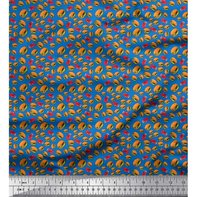 Soimoi Polyester Crepe Fabric Coke & Burger Food Decor Fabric Printed Yard 42 Inch Wide