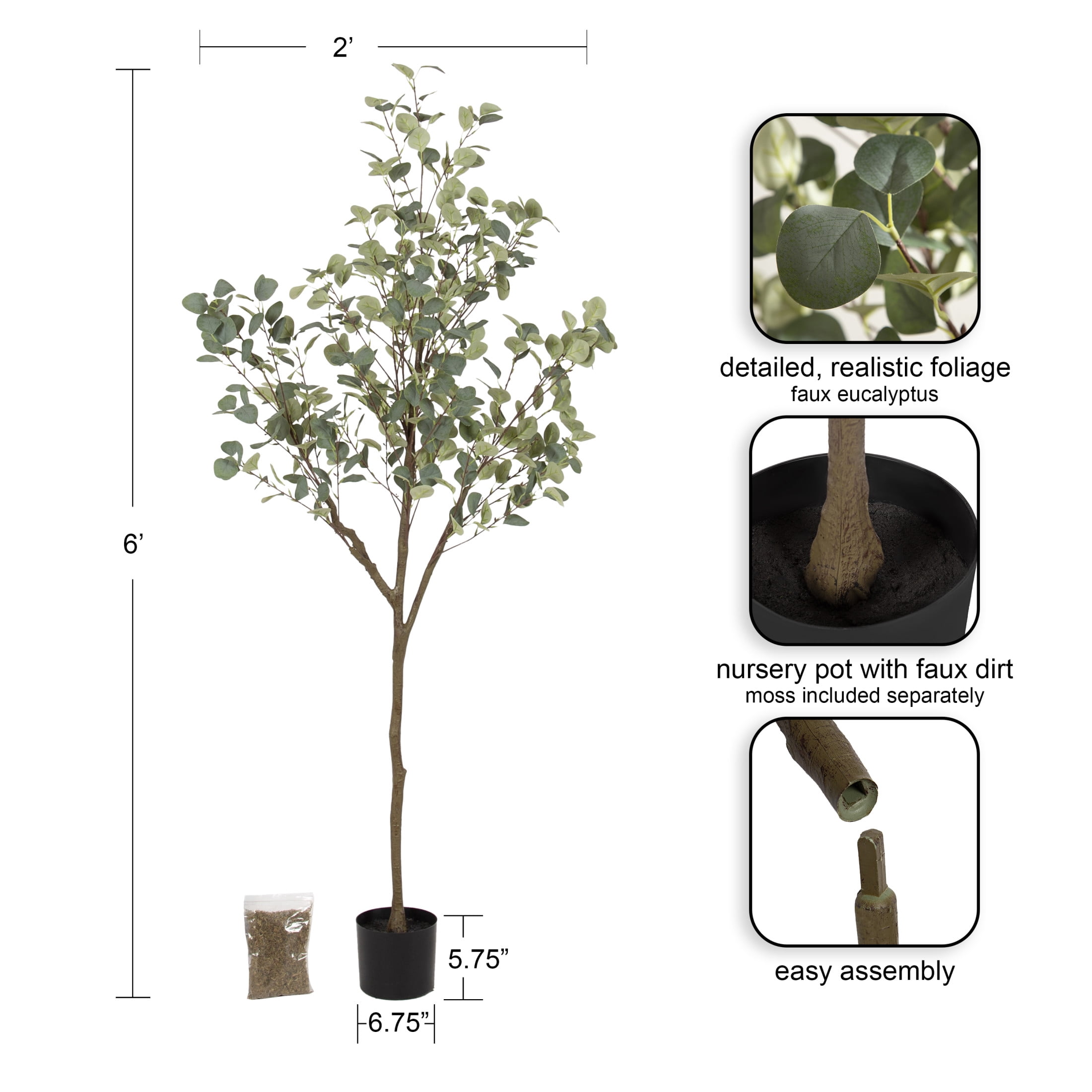 Kate and Laurel Eudora Modern Faux Eucalyptus Tree, 6 FT, Potted Artificial Tree Indoor with Realistic Foliage and Additional Decorative Moss, Fake Plant for Living Room Decor
