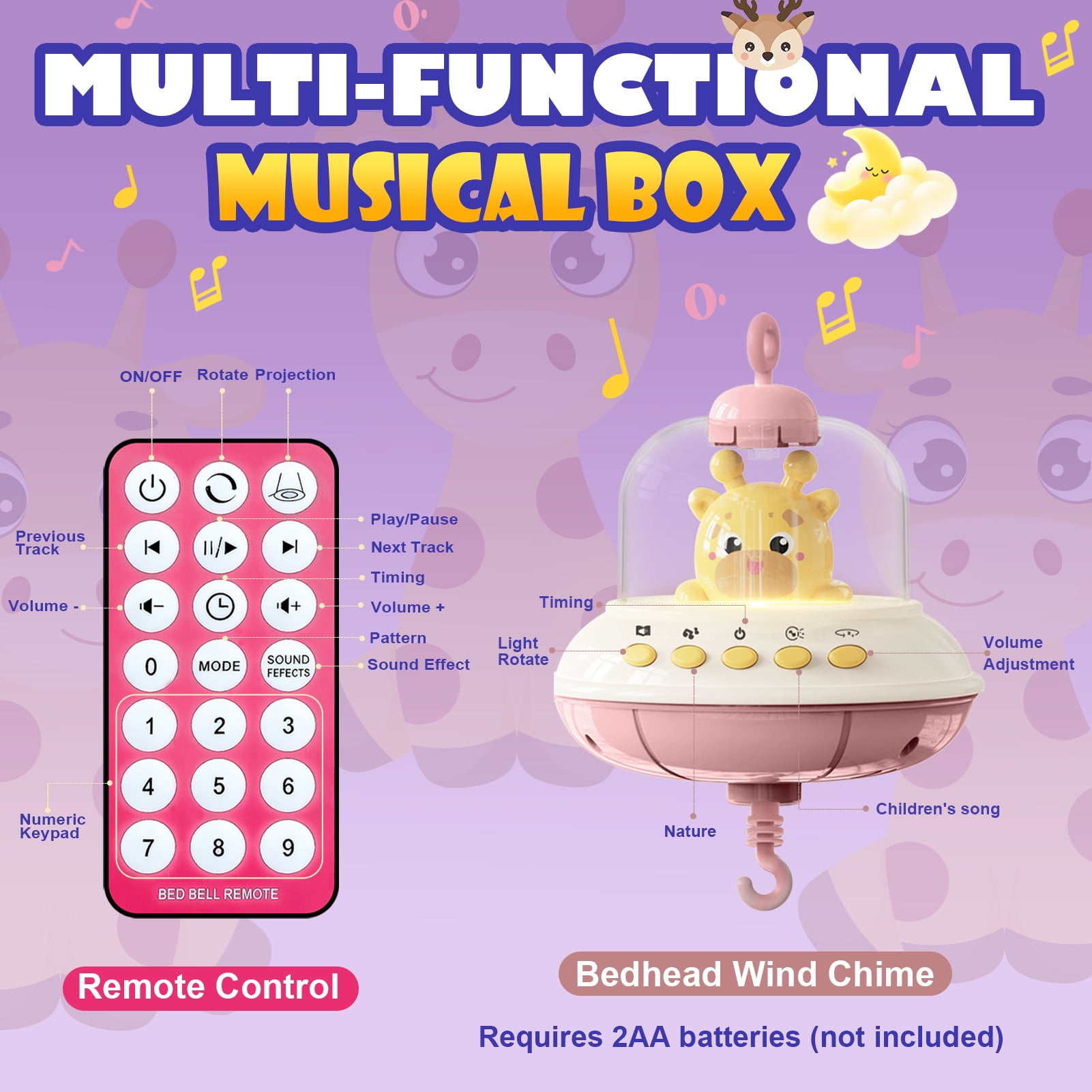 Sunforu Remote Control Crib Mobile with Music & Rotating Star Light Projector, Detachable Hanging Animal Toys for Newborn Baby Girls & Boys Nursery Decor