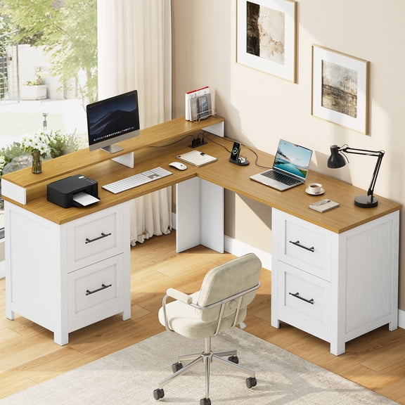 L Shaped Desk – Executive Computer Desk with 4 File Drawers & Power Outlets, Large Home Office Workstation