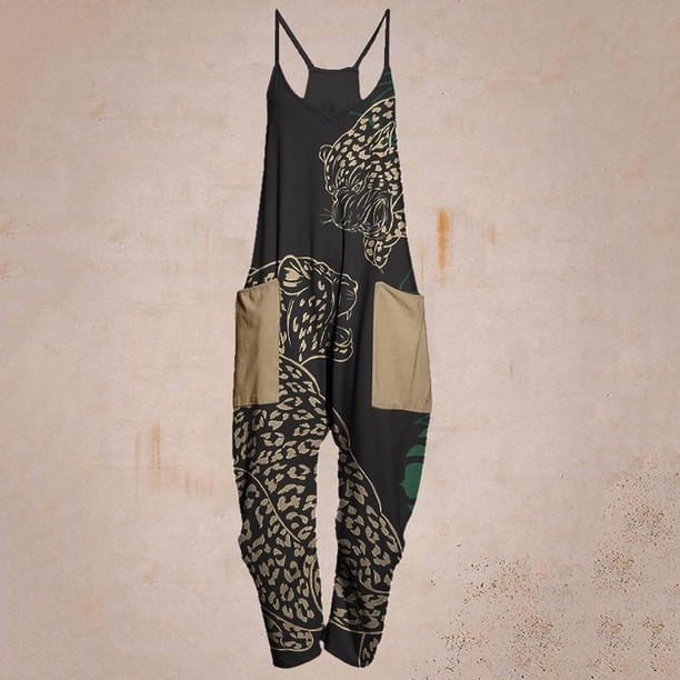 ICHUANYI Clearance Women Casual Boho Print Pocket Romper Long Playsuit Strap Sleeveless Jumpsuit(Khaki, XXL) ICHUANYI WER2023080907971