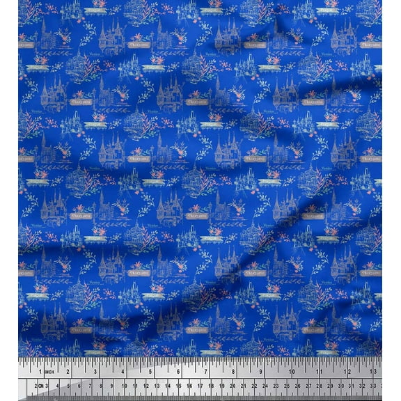Soimoi Blue Cotton Voile Fabric Neuchatel & Venice City Architectural Print Sewing Fabric Yard 42 Inch Wide
