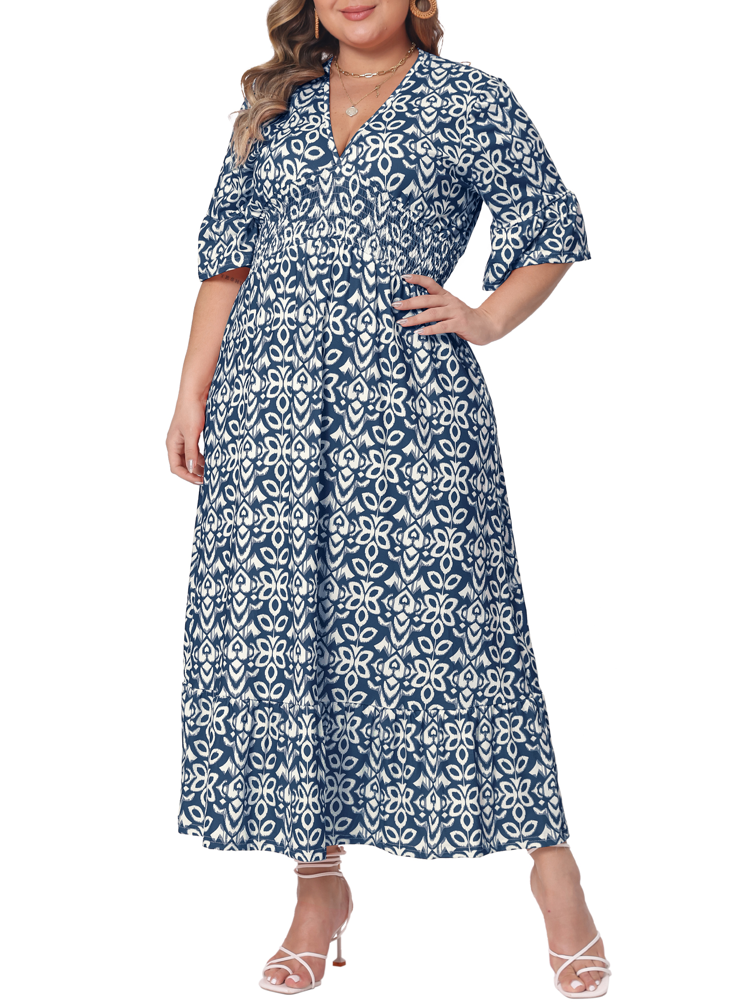 DARING DIVA Women's Plus Size Bell Sleeve Ruffled Hem Boho A Line Dress 2X Navy Blue