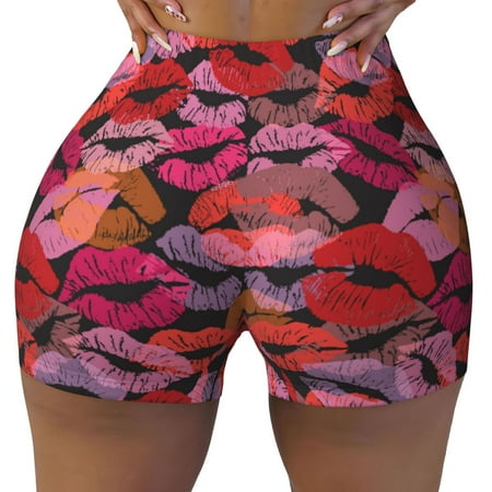 Workout Shorts Women  Red Lips Kissing Biker Shorts for Women Running Gym Spandex Shorts Tummy Control
