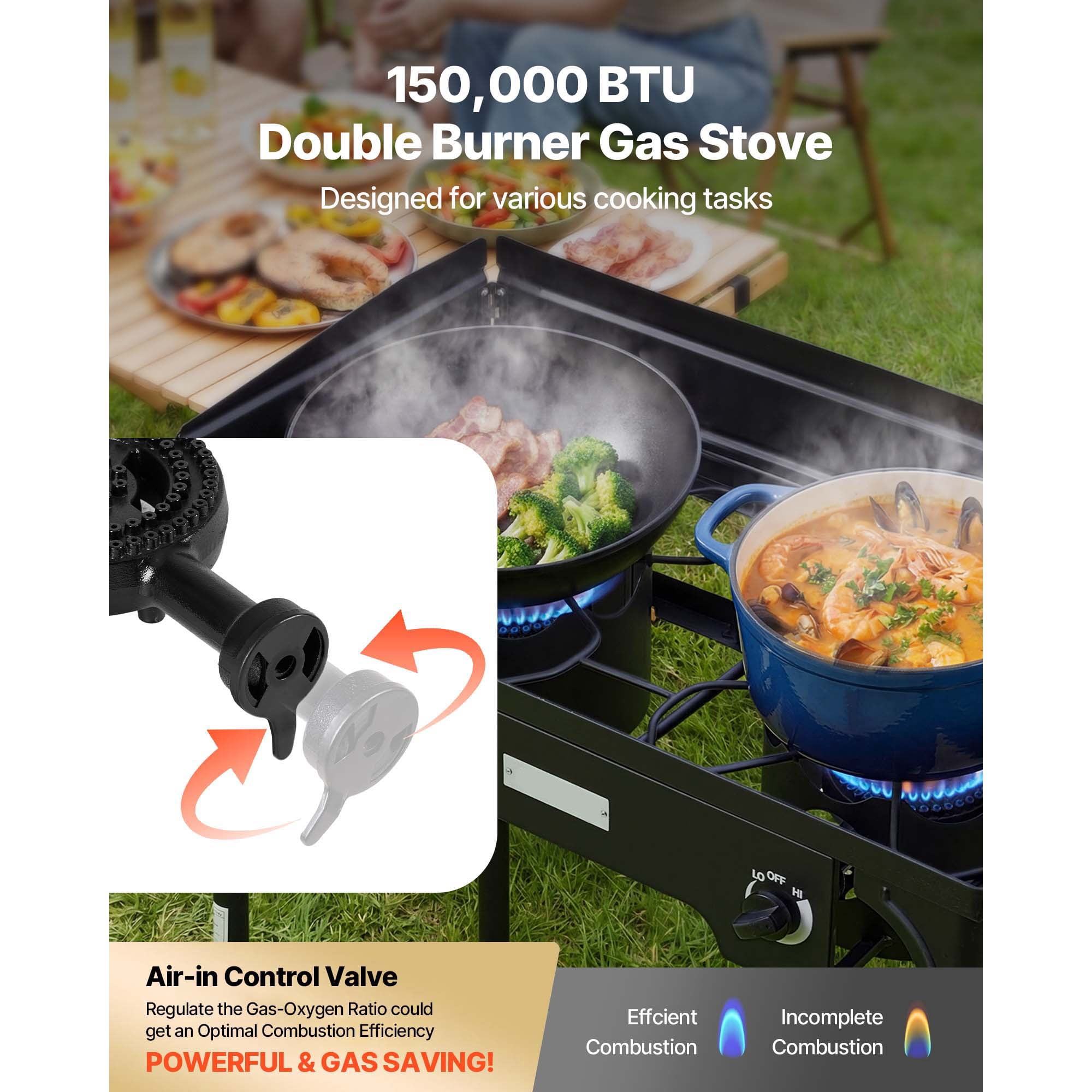 KFFKFF 2 Burner Outdoor Propane Gas Stove, 150,000 BTU LPG Camping Cooker, Durable Carbon Steel with Wind Shield, Tall Stand & Regulator, Ideal for BBQ, Camping, Patio, and Backyard Use