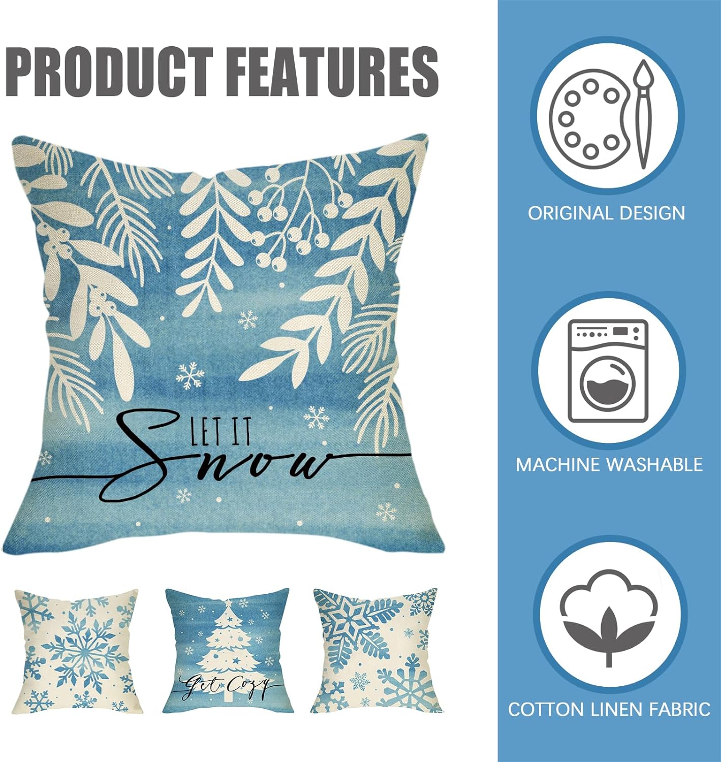 Winter Snowflake Decorative Throw Pillow Covers 18 x 18 Set of 4, Let It Snow Blue Christmas Tree Leaves Outdoor Pillowcase, Get Cozy Seasonal Holiday Farmhouse Cushion Case Home Decor