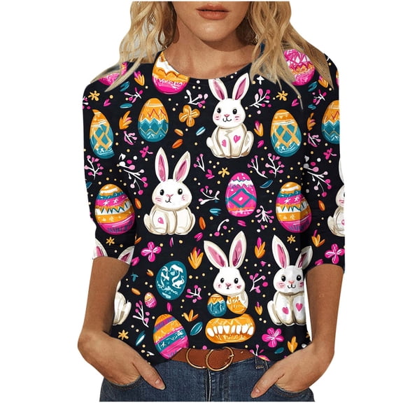 Easter T-shirts for Women Plus Size Graphic Tees with Cute Animals Eggs Floral Prints 3/4 Sleeve Holiday Tops (XL, Black)