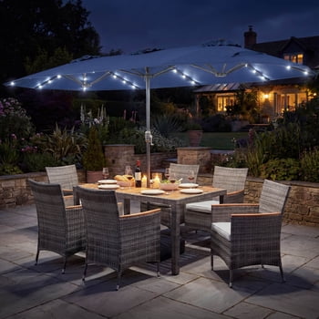 Costway 8 PCS Outdoor Wicker Dining Furniture & Double-Sided Umbrella with Solar LED Lights Navy + Mix Gray