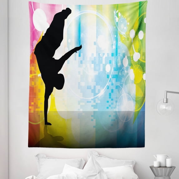Hip Hop Tapestry, Illustration of Breakdancer on Hand Stand with Colorful Funky Disco Background, Fabric Wall Hanging Decor for Bedroom Living Room Dorm, 5 Sizes, Multicolor, by Ambesonne