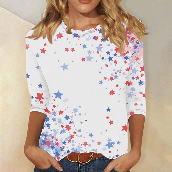 Cavosen 4th of July Tops for Women Independence Day 3/4 Sleeve Round Neck T Shirts USA Flag Graphic Tops Lady XL 4th of July Casual T Shirts Red White and Blue Tunic Tees Patriotic Blouses