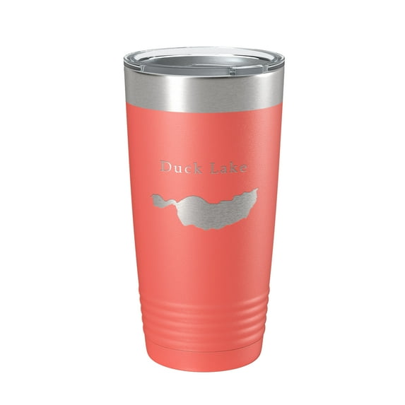 Duck Lake Map Tumbler Travel Mug Insulated Laser Engraved Coffee Cup Muskegon County Michigan 20 oz Coral