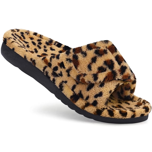 Smile Popcorn Orthopedic Slippers for Women Arch Support Slide Slippers Adjustable Open Toe House Shoes, Cheetah Brown