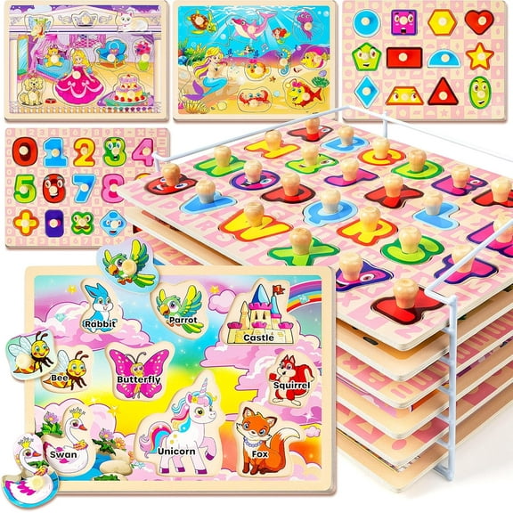 SYNARRY Wooden Puzzles for Toddlers 1-3, 6-Set Toddlers Puzzles Ages 1-3 with Rack, Learning Alphabet Number Shape Unicorn Princess Mermaid Animal, Christmas Toys Gifts for 1 2 3 Years Old Girl Gifts