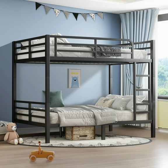 Miniyam Full over Full Metal Bunk Bed Frame with Dual Guardrails and Ladders, Heavy-Duty Quiet Design, Black
