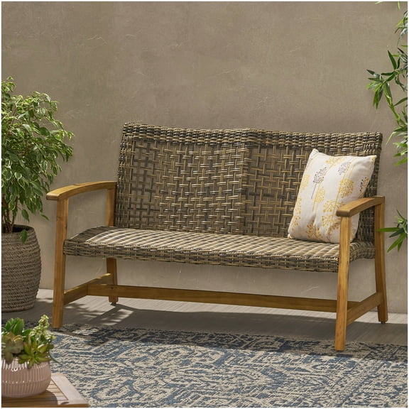 Acacia Wood Outdoor Loveseat with Wicker Seat and Iron Accents, Natural Grey Patio Bench for Garden
