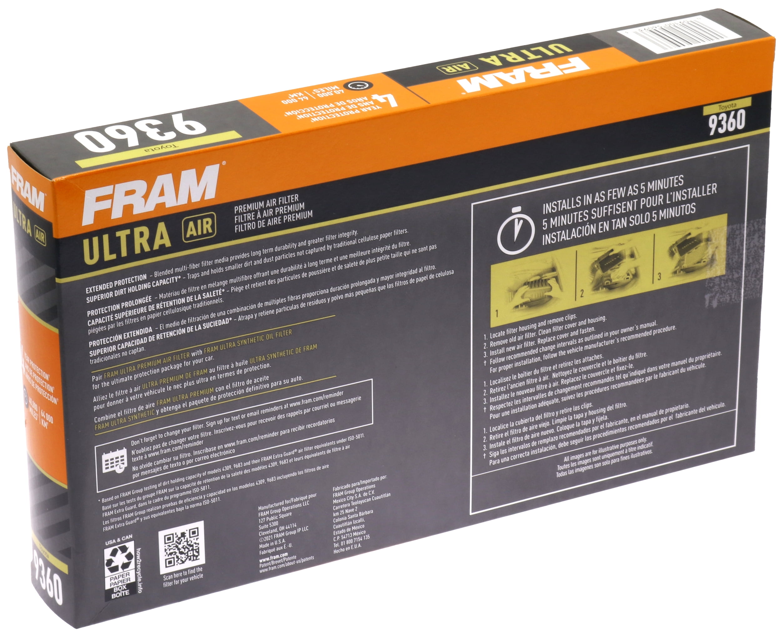 FRAM Ultra Premium 40,000 Mile Air Filter, 9360 for Select Toyota Vehicles