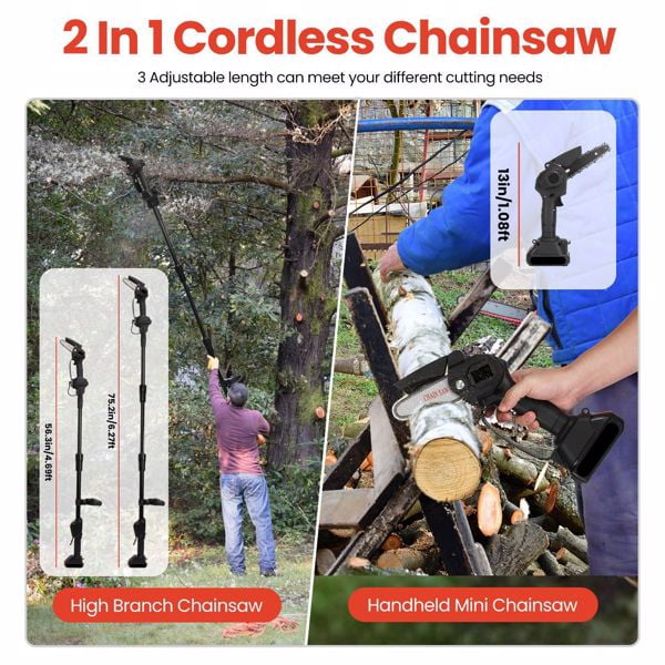 Olurrisa 3-in-1 Cordless Electric Pole Saw & Mini Chainsaw & Grass Trimmer Kit with Adjustable Length 2Pcs 21V 1500mAh Batteries 4in/6in , Safety Switch + Gloves/Goggle for Yard/Garden