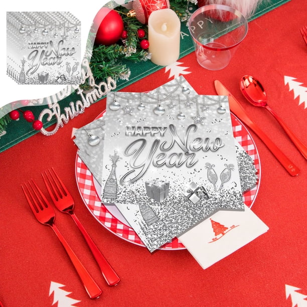 Vajilla desechable de papel, decoración de cumpleaños, blanco y plateado, para fiesta temática de Año Nuevo, platos y vasos de papel desechables de 18 y 23 cm, pañuelos desechables, juego de platos de