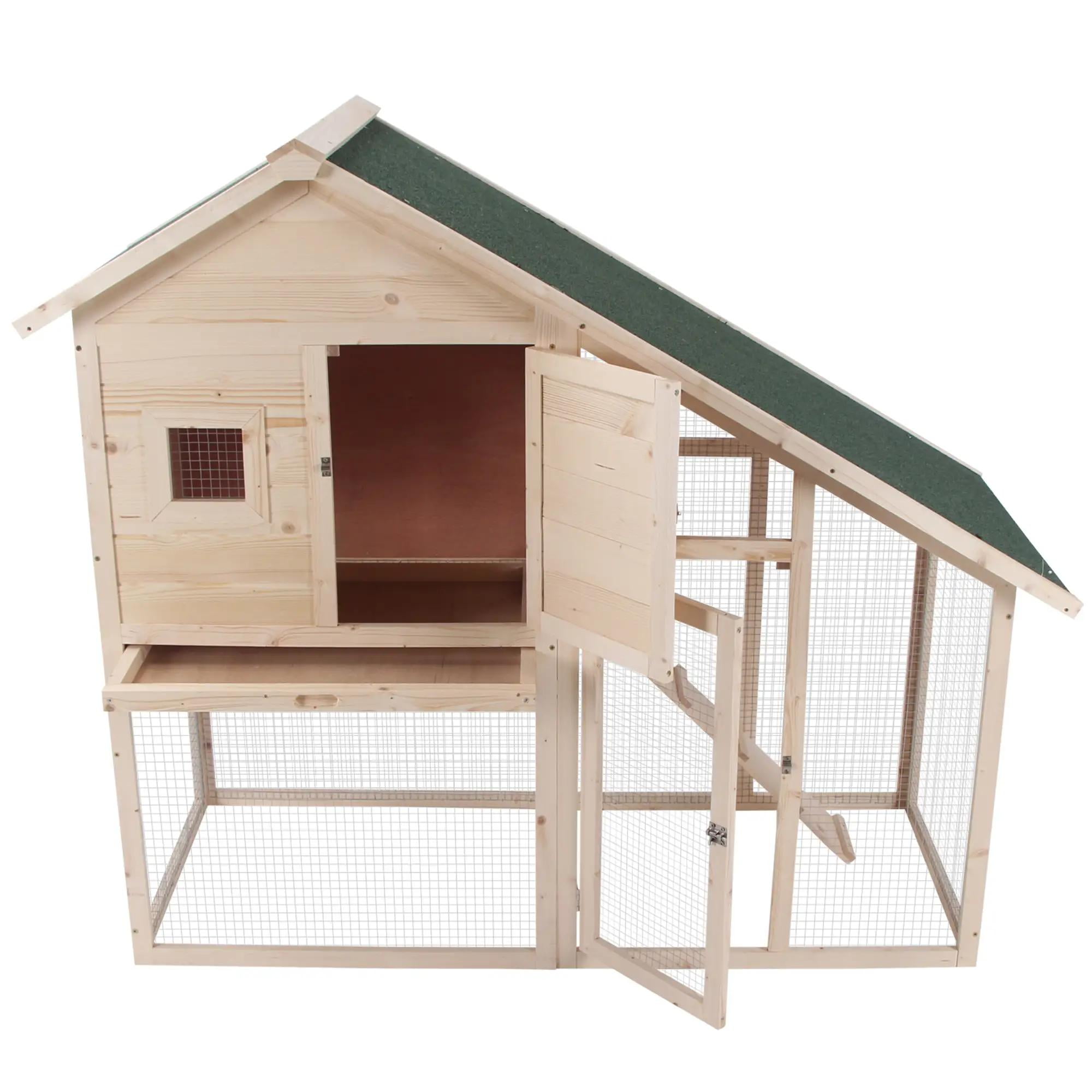 Pefilos 55" Wooden Rabbit Hutch Indoor and Outdoor, Rabbit Cage with Tray, Bunny House, Chicken Coops, 2-Story Guinea Pig Hutch with Run, Beige