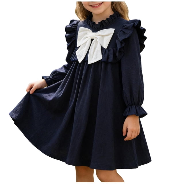 Vestido de Manga Larga de un Hombro con Manga de Puff, Cuello de Pétalos, Arco Y Rodilla de Longitud A-Línea para la Escuela, las Fiestas Y el Uso Diario