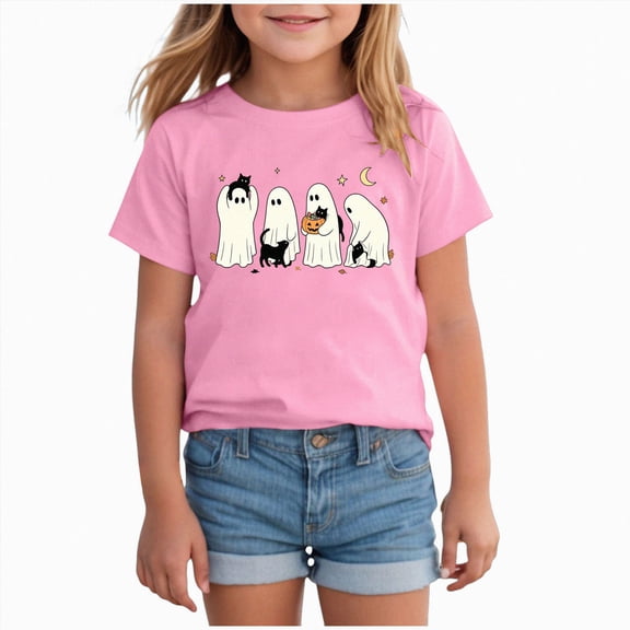 KPOPLK Kids Girl Halloween T Shirt Cute Ghost and Cat Graphic Short Sleeve Crew Neck Tee Top Size 11-12 Years,Pink