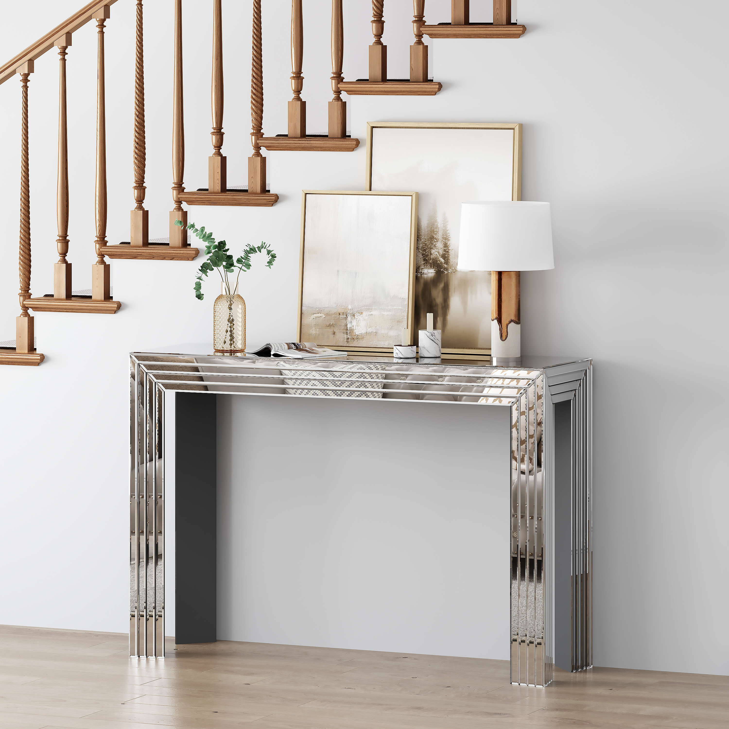 SHYFOY Silver Console Table Entryway Table with Line Design Mirror Finished Accent Table Sofa Table for Living Room Hallway Entrance