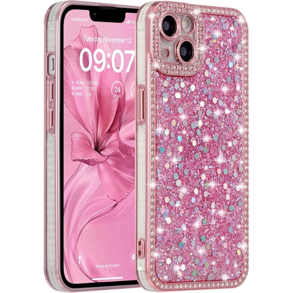 REQO Case for iPhone 15 Pro Max,Glitter Crystal Rhinestones Sequin Shiny Bling Sparkly Glossy Luxury Electroplated Case,Aesthetic Cute Full Protection for iPhone 15 Pro Max