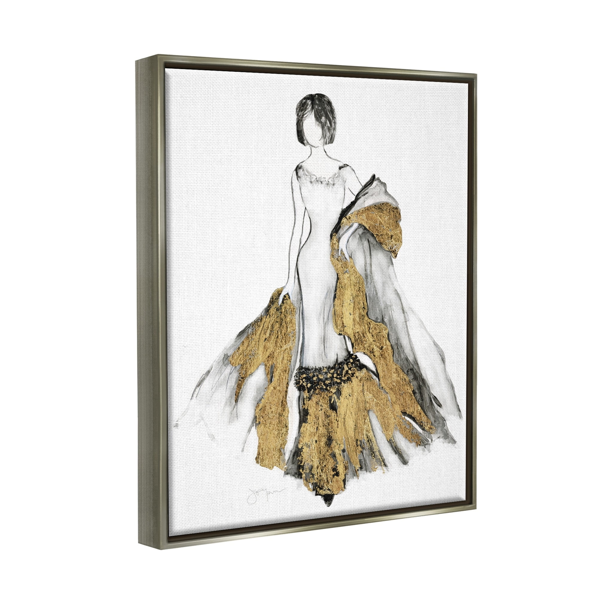 Stupell Industries Fashion Figure Drawing Female Glam Evening Gown Gold Luster Gray Framed Floating Canvas Wall Art, 24x30, by Janet Tava