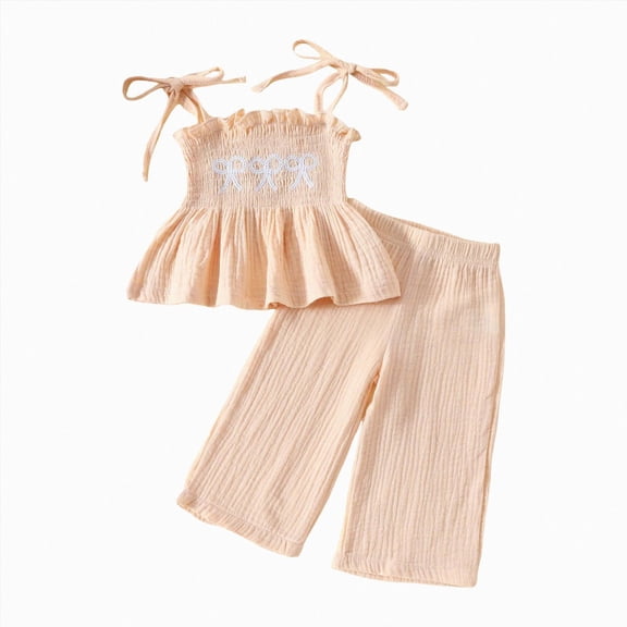 HCNTES Toddler Baby Girl Summer Outfits Crochet Camisole Top and Linen Pants 2PC Kids Bohemian Beach Clothes for Girls toddler boys clothes under $5(9-12 Months,Beige)