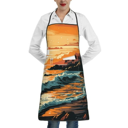 

Pofeuu Serene Ocean Sunset Print Aprons with Pockets Cute Aprons for Kitchen Cooking Server Barber Chef Apron