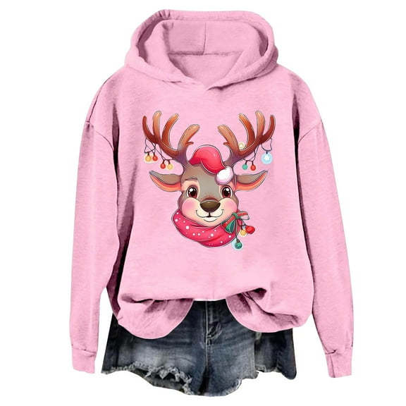 Fiaer Christmas Women Hoodie Cute Reindeer Graphic Long Sleeve Hooded Sweatshirts Casual Plus Size Fashion Comfy Tops Pink XL