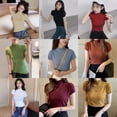 thumbnail image 4 of Women's Mock Neck Half Sleeve Slim Fit Ribbed Knit Tee T-Shirts, 4 of 6