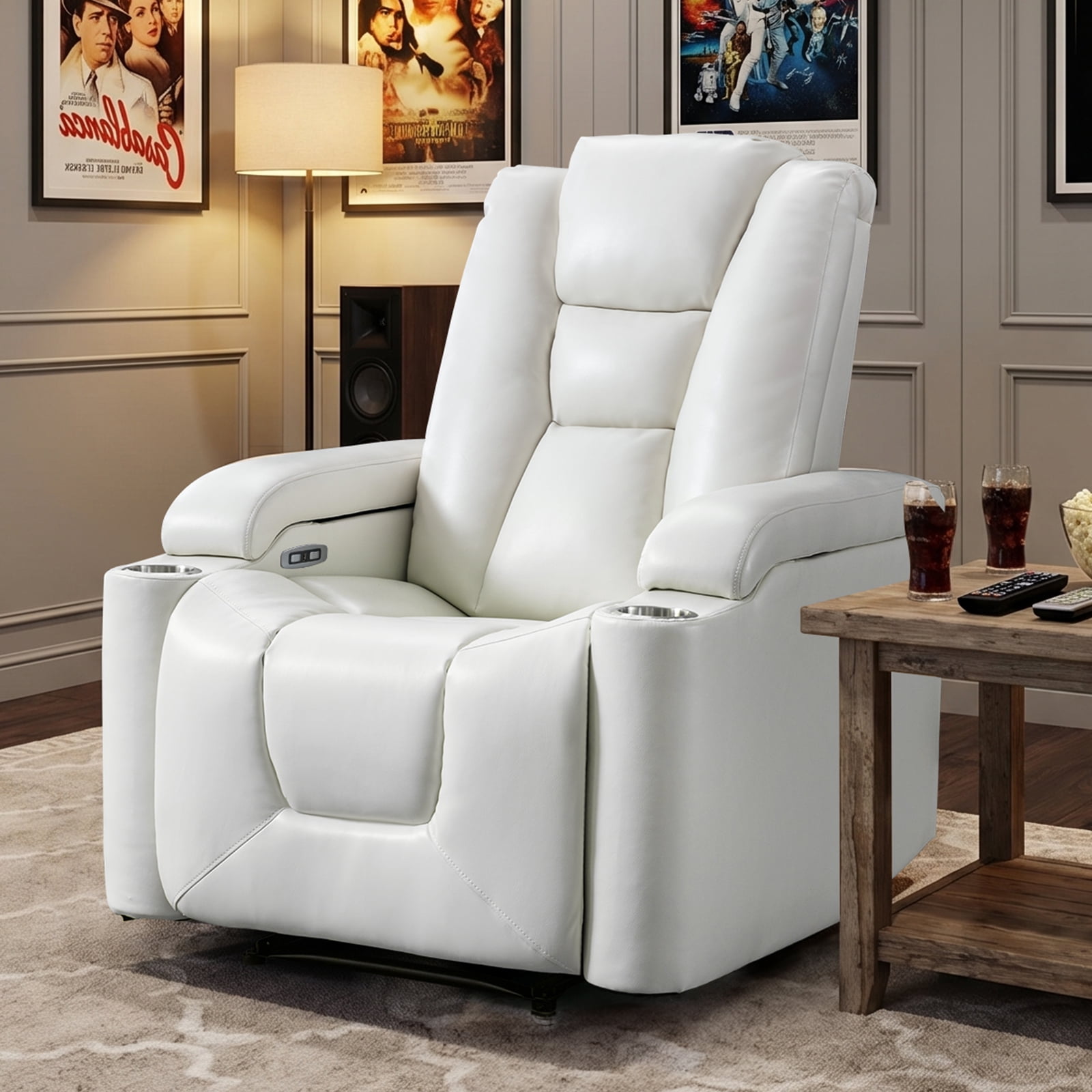 Bonzy Home Electric Power Recliner Chair, PU Leather Home Theater Seating Reclining Chairs with Cup Holders, USB Port, Adjustable Backrest & Hidden Arm Storage, White
