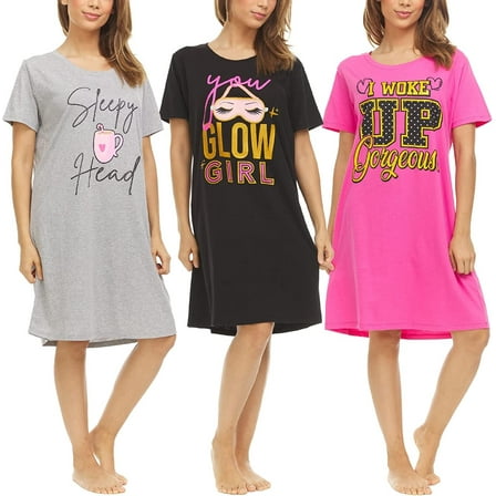 3 Pack: Womens 100% Cotton Sleep Shirt - Soft Printed Sleep Dress Nightgown Sleepwear Pajama Nightshirt Small, Set C
